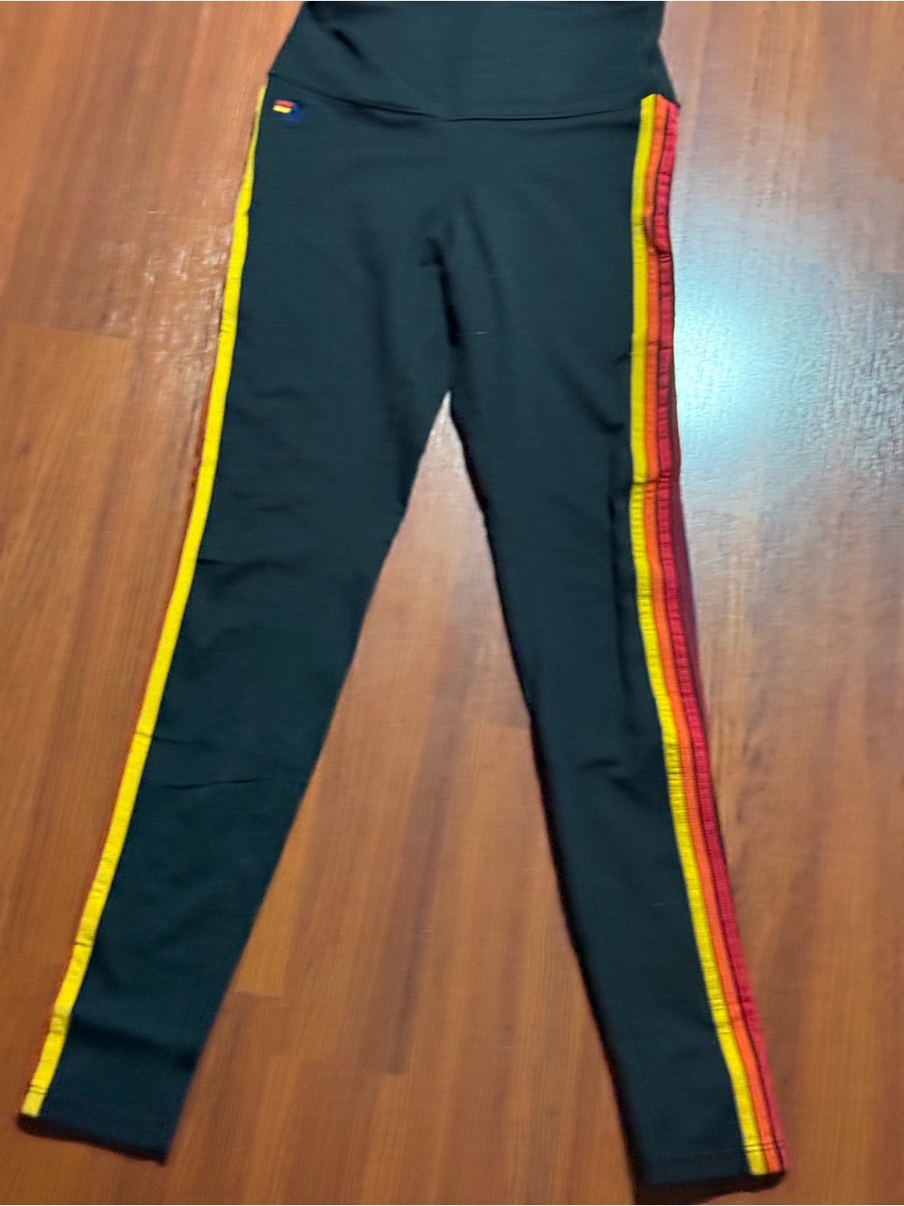 Aviator Nation Black Leggings with Yellow and Red Side Stripes